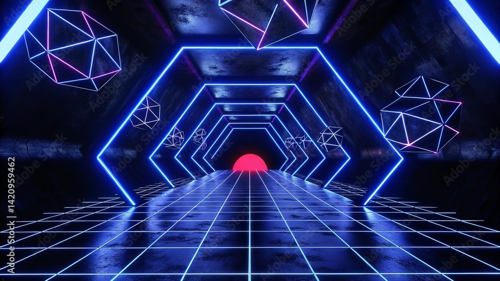 Aufkleber 3d abstract technology glowing neon fast speed light background, empty space scene, reflection floor, virtual reality, cyber space futuristic sci-fi background, motion line high speed for mock up