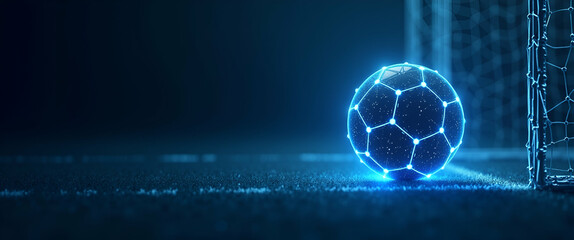 Futuristic Low Poly Design: Glowing Blue Soccer Ball in Goal - Symbolizing Goal Setting, Achievement, and Success Strategy with Empty Space for Text