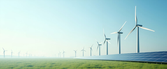 Minimalistic Renewable Energy Background: Wind Turbines & Solar Arrays for Green Energy Transition - Perfect for Branding & Text with Abundant Negative Space