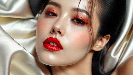 Beautiful Asian woman with red lips and glamorous makeup lying on white silk fabric