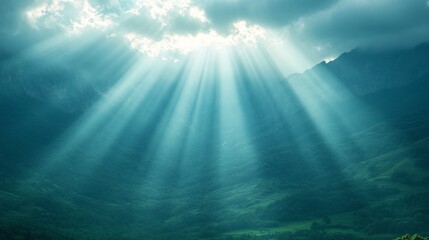 Fototapeta premium Sunbeams breaking through clouds after rain over a mountain range texture background
