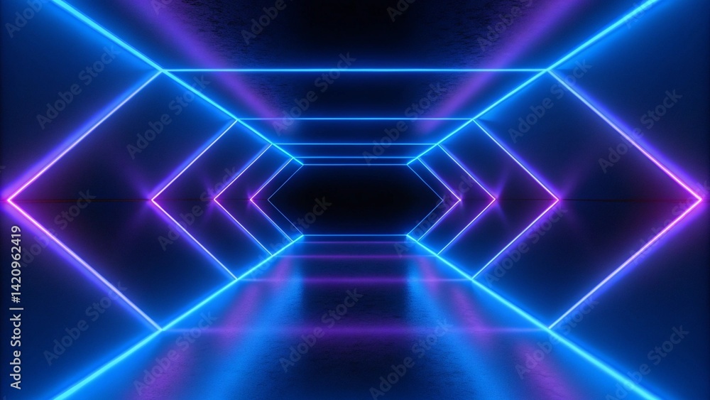 Poster 3d render, abstract violet blue neon background. Dark empty room with glowing floor. Empty ice arena. Futuristic digital scene with vibrant lights and reflections in a surreal cyber environment.