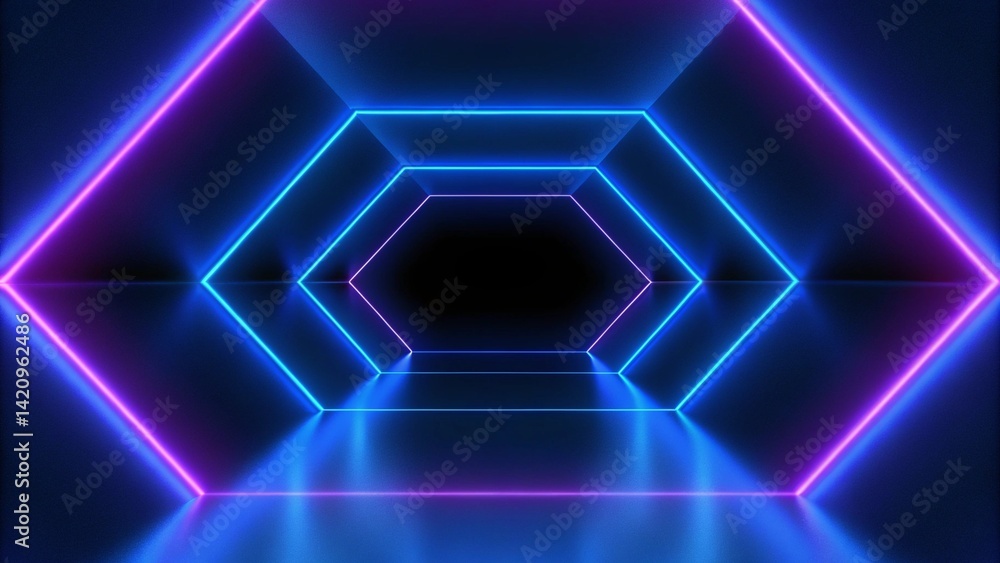 Aufkleber 3d render, abstract violet blue neon background. Dark empty room with glowing floor. Empty ice arena. Futuristic digital scene with vibrant lights and reflections in a surreal cyber environment.