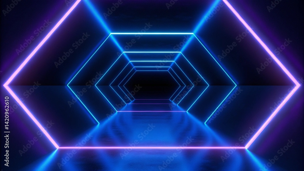 Aufkleber 3d render, abstract violet blue neon background. Dark empty room with glowing floor. Empty ice arena. Futuristic digital scene with vibrant lights and reflections in a surreal cyber environment.