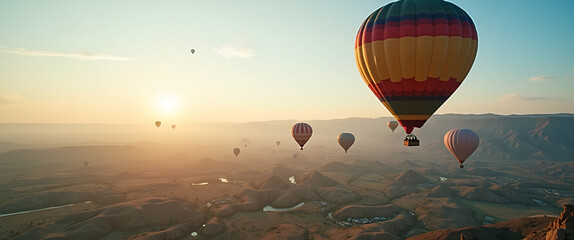 Obraz premium Experience elevated adventures through hot air balloon rides that combine tranquil flight experiences with breathtaking scenic perspectives in Photo Stock Concept and empty space on the left side