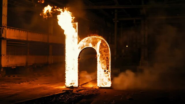Tracking video, cinematic lighting, letter h outlined in fire, smoky black industrial background, powerful and dramatic scene