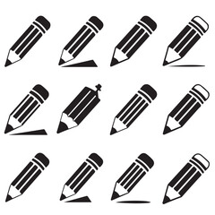 Pencil icon silhouette and line, outline, vector of black silhouette of pencil 