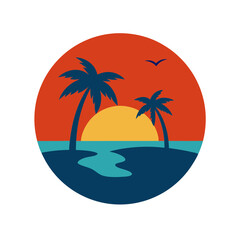 Sunset Circle with Tropical Island and Palm Trees T-Shirt Design