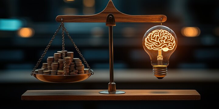 Scale balancing money and a sharp mind symbolizes that good ideas are as valuable as wealth