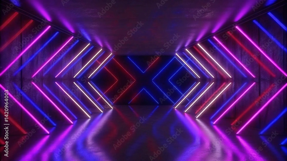 Poster 3d visualization. geometric figure in neon light against a dark tunnel. laser glow. futuristic abstr