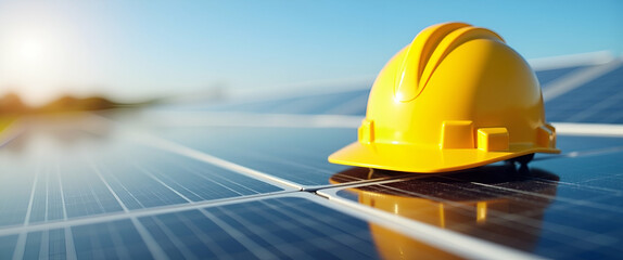 Yellow Safety Helmet on Solar Cell Panels: Emphasizing Safety in Renewable Energy - Stock Photo Concept with Empty Space for Customization