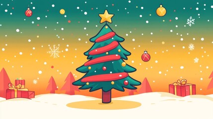 Cartoon christmas scene with christmas tree gifts and snow