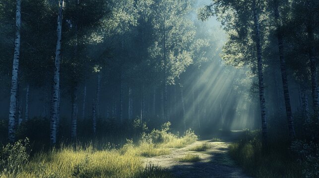 Sunlight filtering through tall pine trees in a quiet forest texture background