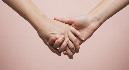 Holding Hands in Love Against a Soft Pink Background  