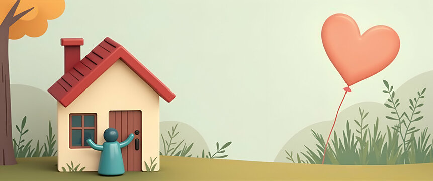 Photo realistic image of a Housing Coordinator with a home and heart symbol, whimsical background, ample space for text, representing community housing support and care.