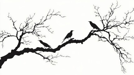 Silhouettes of Birds on a Bare Branch Against White Background