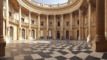 Circular Palace Courtyard, Sunny Day, Checkered Floor, Event Space