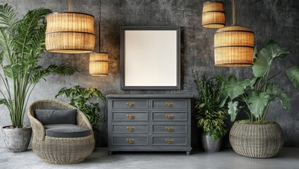 Rustic, stylish interior design featuring a framed poster, wicker furniture, and tropical plants