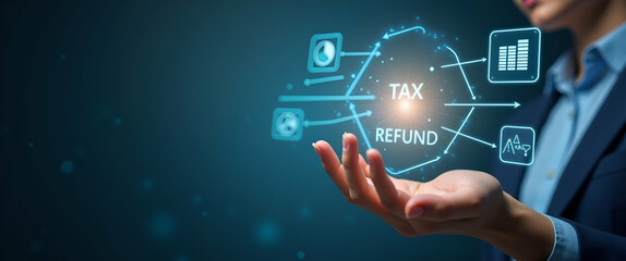 Obraz premium Visualizing the Tax Refund Process: A Hand Operating a Holographic Device to Illustrate Key Steps and Timelines with Empty Space for Customization in Stock Photo Concept