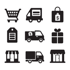 E-commerce and Shopping Vector Icons: Cart, Delivery, Bag, Tag, Gift, Shop