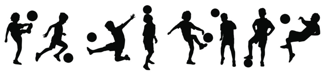 hand draw silhouette kid playing football vector illustration