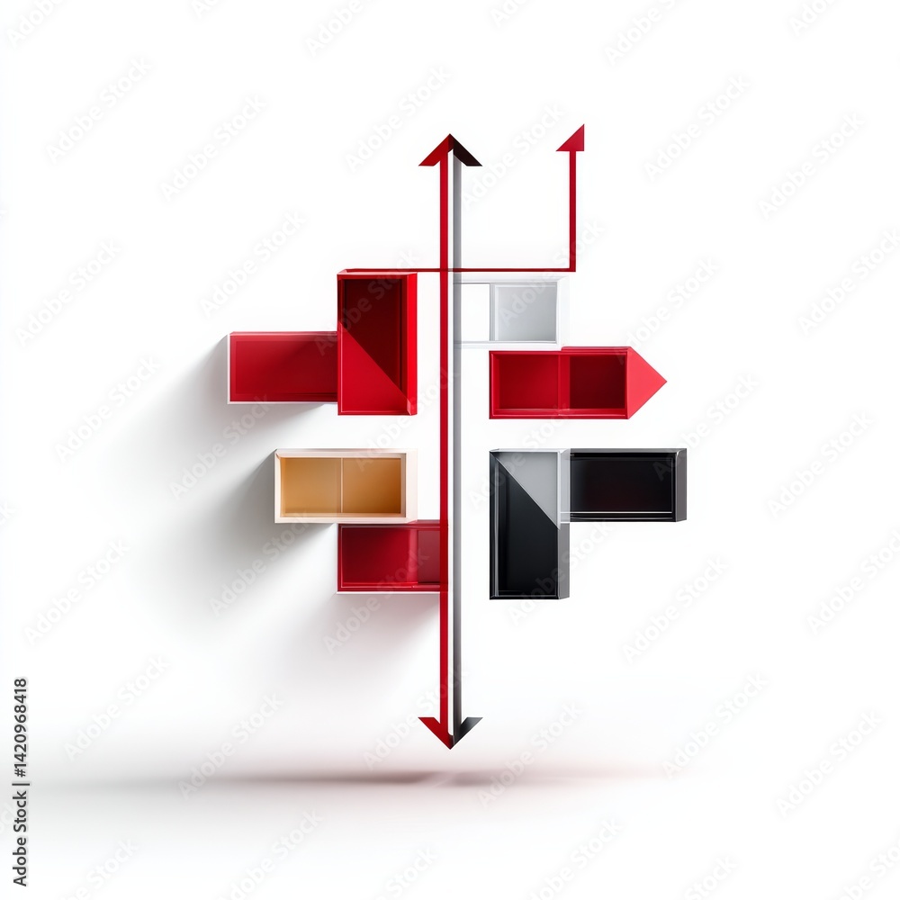 Poster Abstract Colorful Shelves with Arrows: Minimalist Design on White Background, Dynamic and Eye-Catching