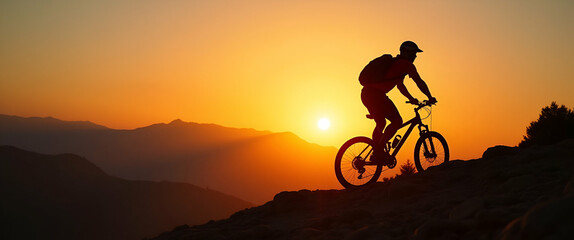 Silhouette of Mountain Biker on Rocks at Sunset: Adventure Outdoor Sports & Nature's Beauty in Golden Hour - Photo Stock Concept with Empty Space