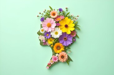Minimalist Female Silhouette with Vibrant Floral Arrangement in Paper-Cut Aesthetic