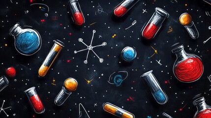 Chalkboard background showcases chemical elements and laboratory glassware imagery