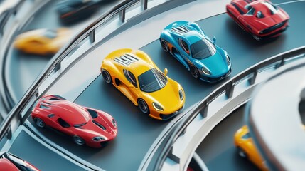 Colorful Sports Cars on a Curved Race Track in a Dynamic Scene