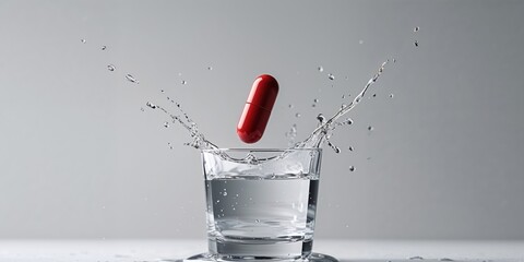 Red pill falling into a glass of water making a splash