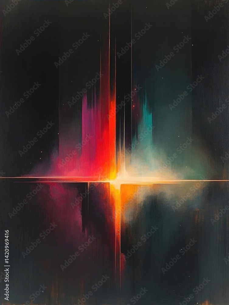 Poster abstract visual representation of vibrant colors merging and reflecting in a dark space