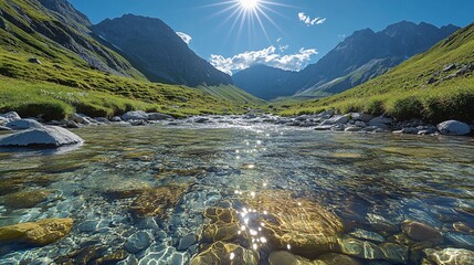 A clear mountain stream shining under midday sun texture background