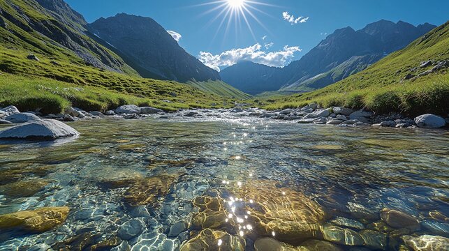 A clear mountain stream shining under midday sun texture background