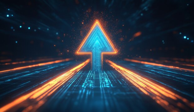 Digital upward arrow, futuristic tech path