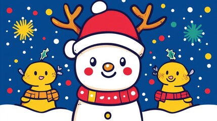 Naklejka premium Cute cartoon snowman with reindeer antlers and yellow bird friends