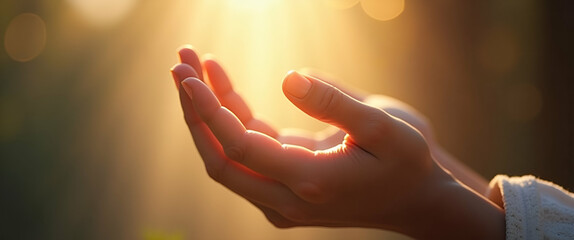 Serene Ascension Day Prayer Visuals: Elegant Hands in Ethereal Light - Premium Digital Art for Devotional Moments | Stock Photo Concept with Sacred Symbolism and Space for Text