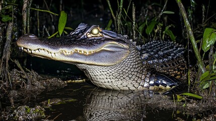 Fototapeta premium American alligator stealthily hiding in a dark swamp at night, with glowing eyes that illuminate its surroundings, amidst tangled reeds and reflective water