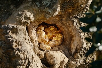 Golden resin within a weathered olive tree trunk.