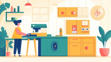 Clean minimalist concept of a punching machine in use by a single operator, flat design with pastel accents and open space 