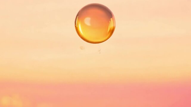 Slow zoom out video, golden yellow bubble gently rising against a blurred, warm, pink sky, golden hour lighting, establishing scene
