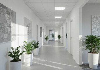 Obraz premium Long hallway lined with plants and paintings on walls.