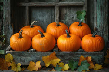Pumpkins in a crate at a farmer's market on a sunny day.