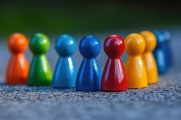 Colorful figurines arranged to represent unity and teamwork, showcasing inclusivity, equal opportunities, and a supportive work environment for diverse professionals in modern workplaces