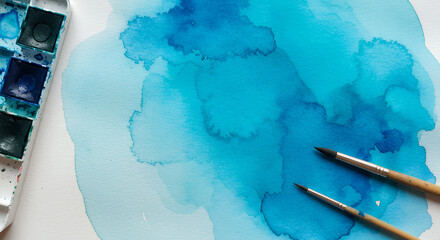 Abstract Blue Watercolor Painting Texture with Paintbrushes and Palette