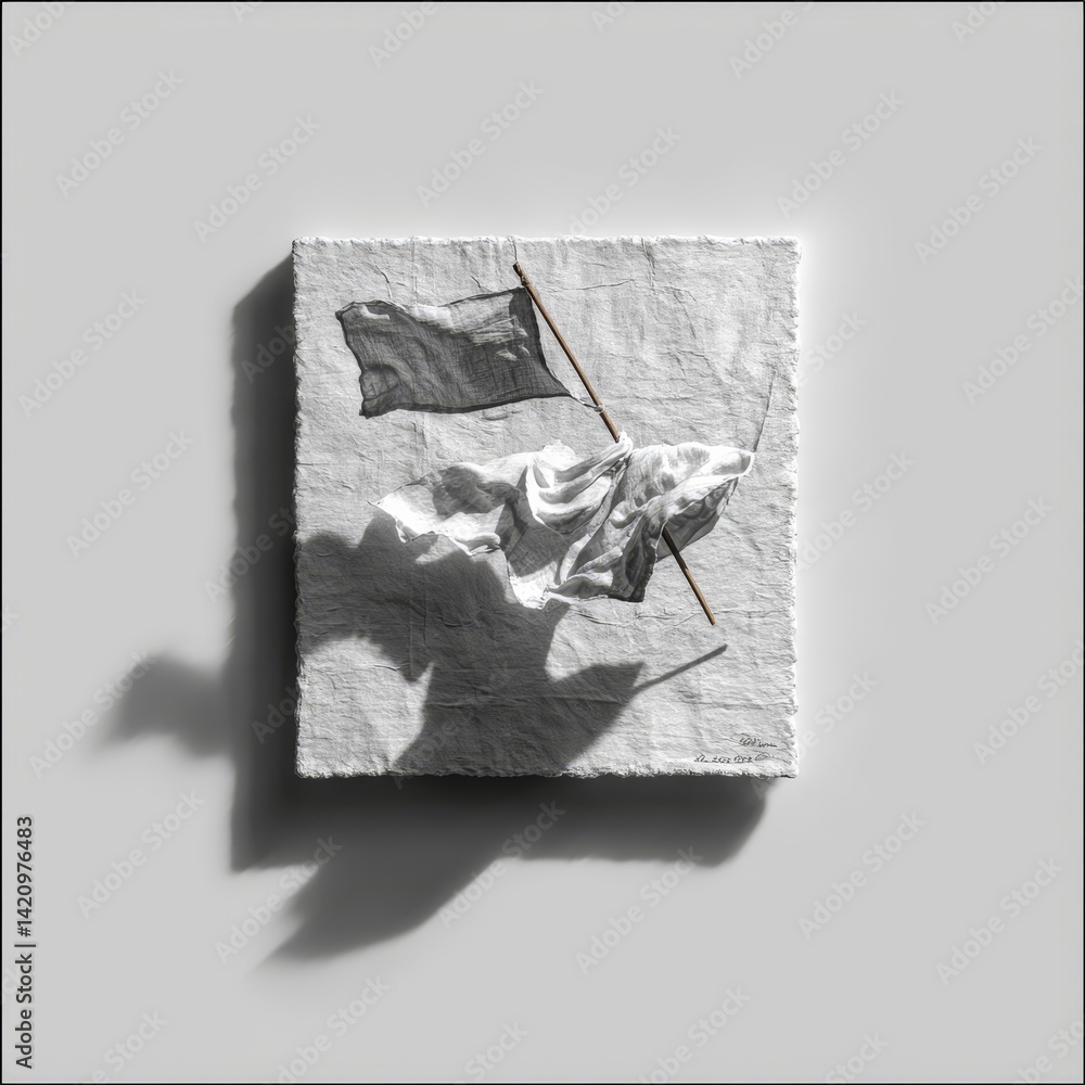 Poster woven tales: a textured composition of flags captured in grayscale, highlighting depth, shadow play,