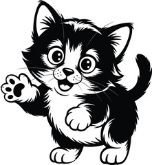 Smiling Minimalist Cat with Big Eyes and Curled Tail