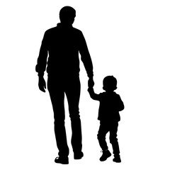 Silhouette Of Father Walking Hand In Hand With Young Son On White Background