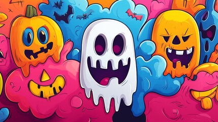 Whimsical halloween doodle art featuring pumpkins bats and ghosts