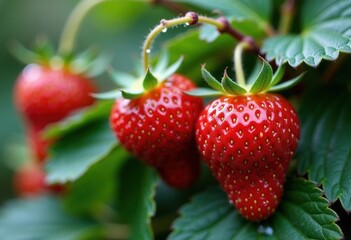 Fresh ripe strawberries growing on green plant in garden